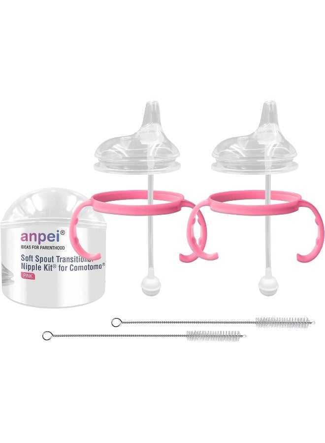Anpei Sippy Cup Soft Spout Transitional Nipple Kit Bundle Compatible with Comotomo Baby Bottles, 5 oz and 8 oz | Value Bundle 2 Kits + Brushes (Pink) - Image 1