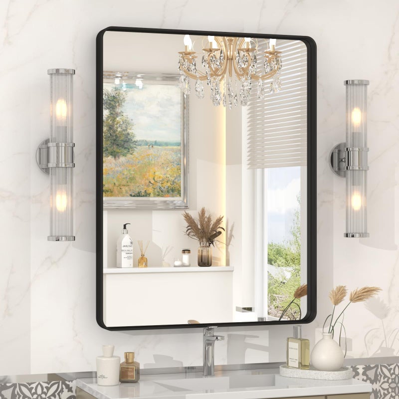 VANLIO 22x30 Inch Black Metal Framed Mirror for Bathroom Matte Black Vanity Mirror Rounded Rectangle Bathroom Mirror AntiRust Shatterproof HorizontalVertical