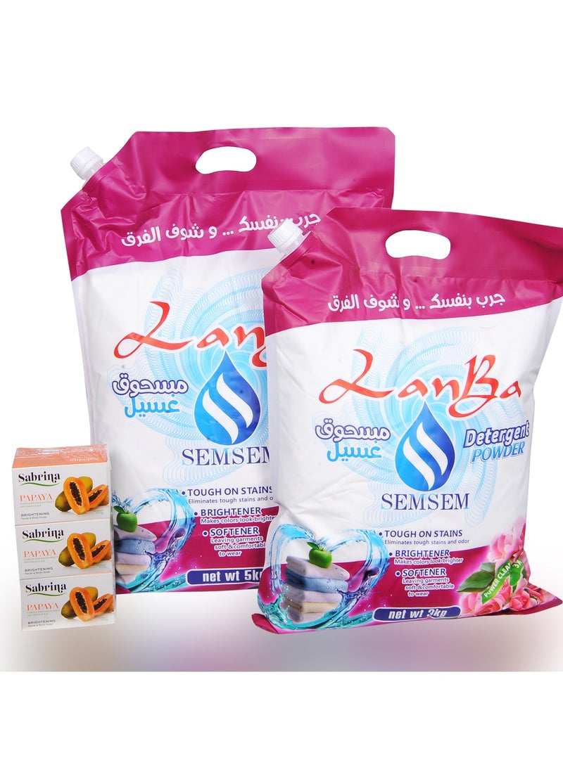 LanBa Semsem 3 kg,5kg Detergent washing Powder, and 6 pieces   Sabrina Facial Body Soap - Image 1