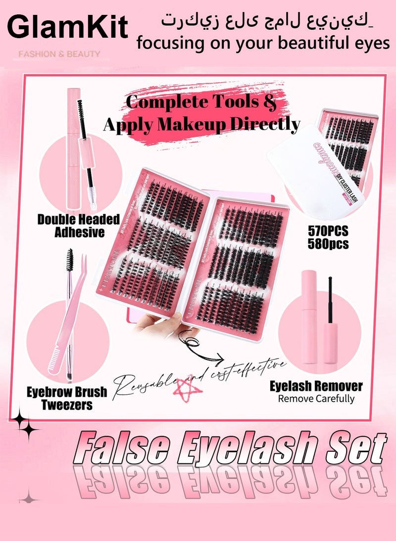GlamKit False Eyelashes DIY Lash Extension Kit - Individual Cluster Lashes 584 cluster,  Dense Natural Lashes with Tweezers, Glue & Remover - Reusable Eyelash Extension - Image 3
