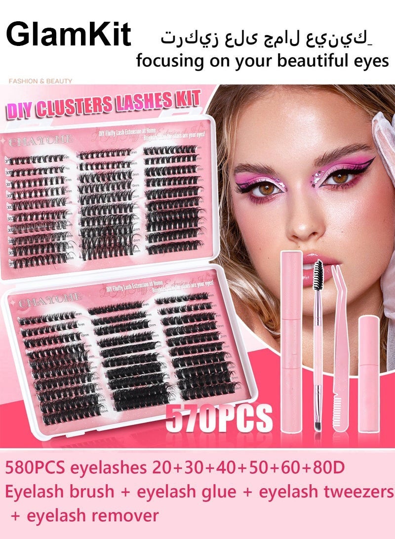 GlamKit False Eyelashes DIY Lash Extension Kit - Individual Cluster Lashes 584 cluster,  Dense Natural Lashes with Tweezers, Glue & Remover - Reusable Eyelash Extension - Image 2