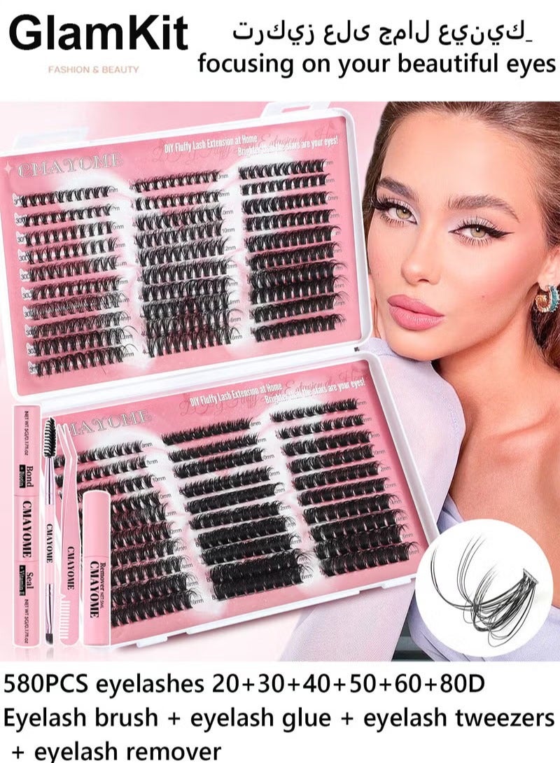 GlamKit False Eyelashes DIY Lash Extension Kit - Individual Cluster Lashes 584 cluster,  Dense Natural Lashes with Tweezers, Glue & Remover - Reusable Eyelash Extension - Image 1