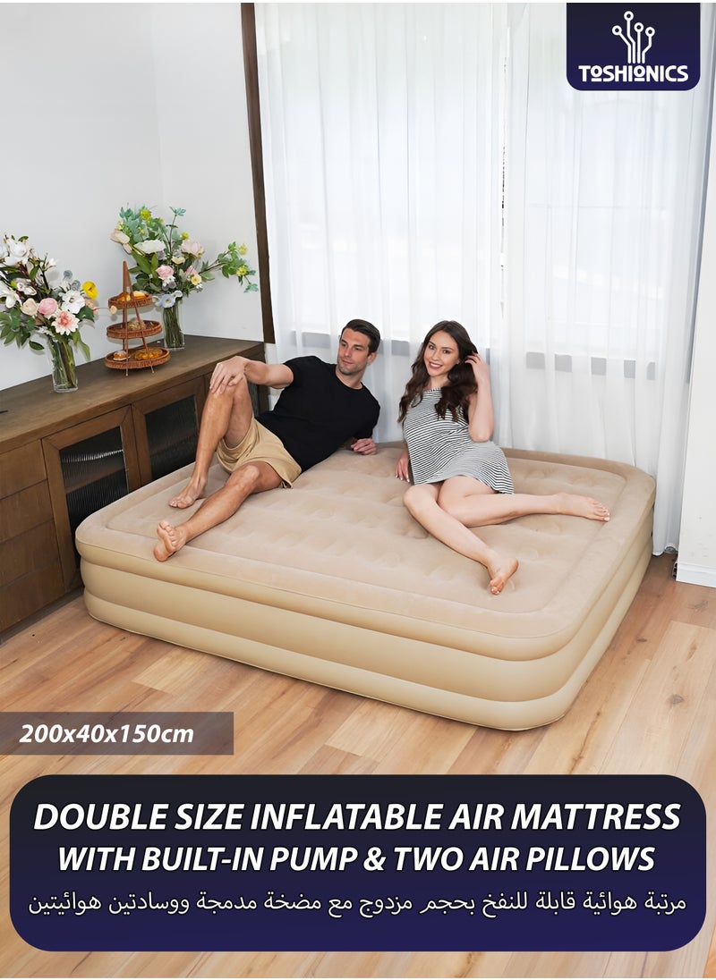Toshionics Double Size Air Mattress With 2 Air Pillows Durable Inflatable Camping Bed Sleeping Mat with Built in Rechargeable Air Pump Self Inflation Waterproof Blow up Airbed One Button Inflate and Deflate for Home, Outdoor Adventures, Hiking, Travel, Sleepovers, Picnics, and Guest Bed Use Ultra Plush Technology 200x40x150cm  - Image 1