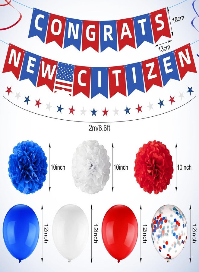 RoundFunny New US Citizenship Decorations New Citizenship Congratulations Banner American Flag Blue White and Red New Citizen Party Supplies Kit for Men Women with Pom Poms Balloons Star Streamer - Image 3