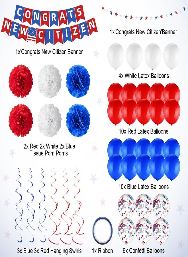 RoundFunny New US Citizenship Decorations New Citizenship Congratulations Banner American Flag Blue White and Red New Citizen Party Supplies Kit for Men Women with Pom Poms Balloons Star Streamer - Image 2
