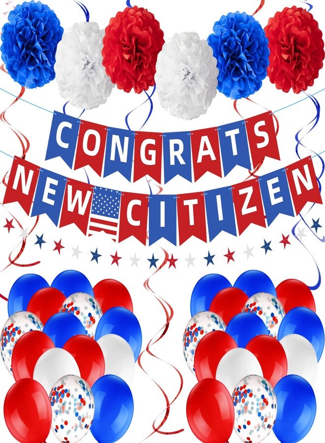 RoundFunny New US Citizenship Decorations New Citizenship Congratulations Banner American Flag Blue White and Red New Citizen Party Supplies Kit for Men Women with Pom Poms Balloons Star Streamer - Image 1
