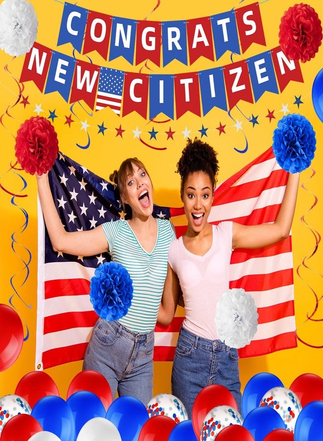 RoundFunny New US Citizenship Decorations New Citizenship Congratulations Banner American Flag Blue White and Red New Citizen Party Supplies Kit for Men Women with Pom Poms Balloons Star Streamer - Image 5