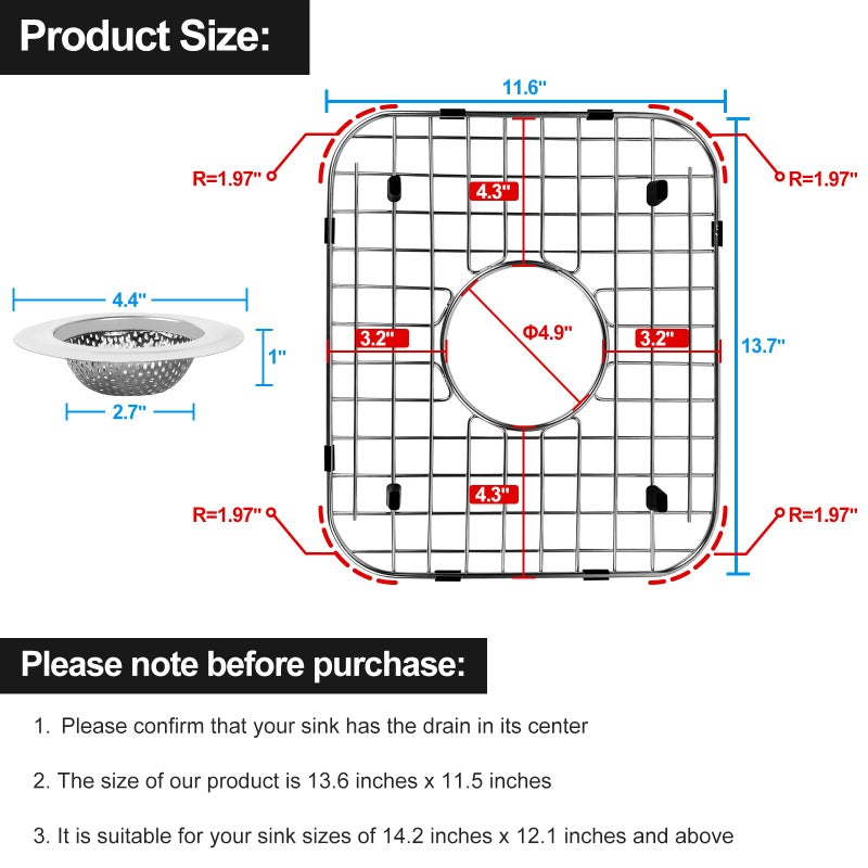 ARLBA 2 Pack 13.7" x11.6" 304 Stainless Steel Sink Protectors Grid for 14.2"X 12.1" Kitchen Sink W/Center Drain,Sink Grid Protection,Sink Grate Sink Rack for Bottom of Sink w/ 2Pack Sink Strainers - Image 2