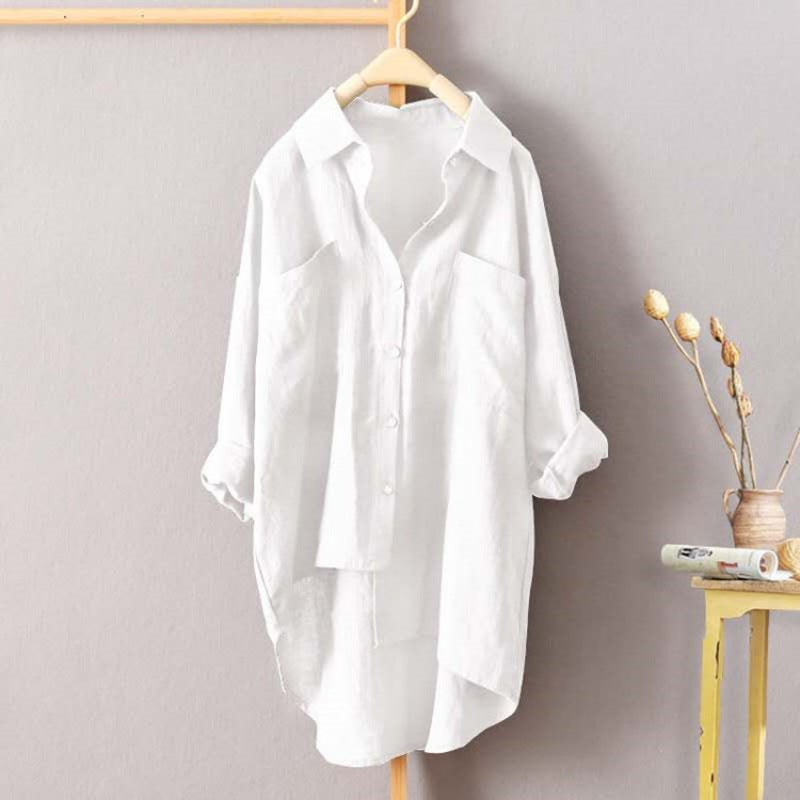 Women's Casual Cotton-Linen Shirt with Pockets, Long Sleeve, Solid Color - Image 3