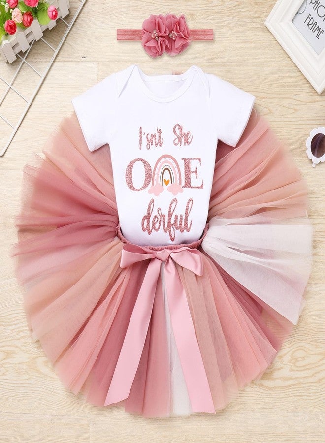 ODASDO Isn't She One Derful Baby Girls First Birthday Outfit Boho Rainbow My 1st Birthday One Year Old Party Cake Smash Photo Shooting Short Sleeve Romper Princess Tutu Tulle Skirt Headband Set Dusty Pink 1T - Image 2