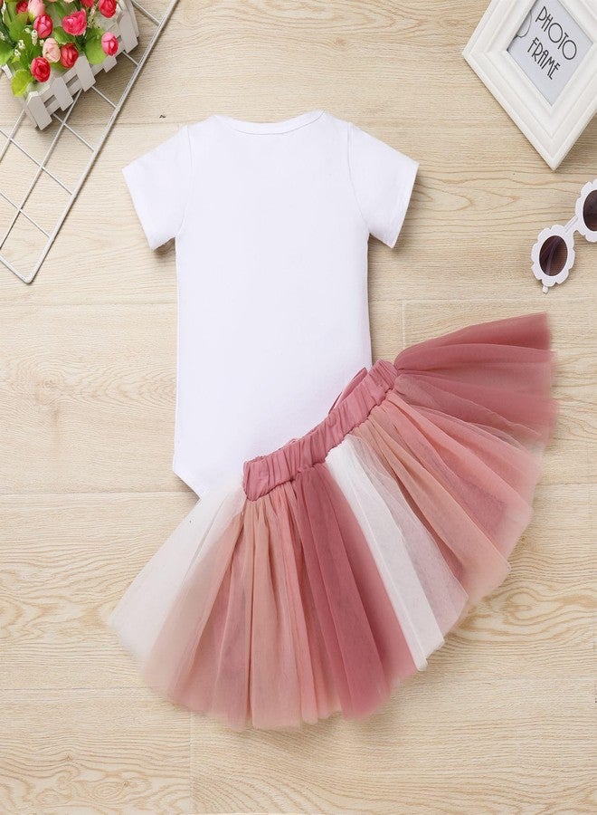 ODASDO Isn't She One Derful Baby Girls First Birthday Outfit Boho Rainbow My 1st Birthday One Year Old Party Cake Smash Photo Shooting Short Sleeve Romper Princess Tutu Tulle Skirt Headband Set Dusty Pink 1T - Image 5