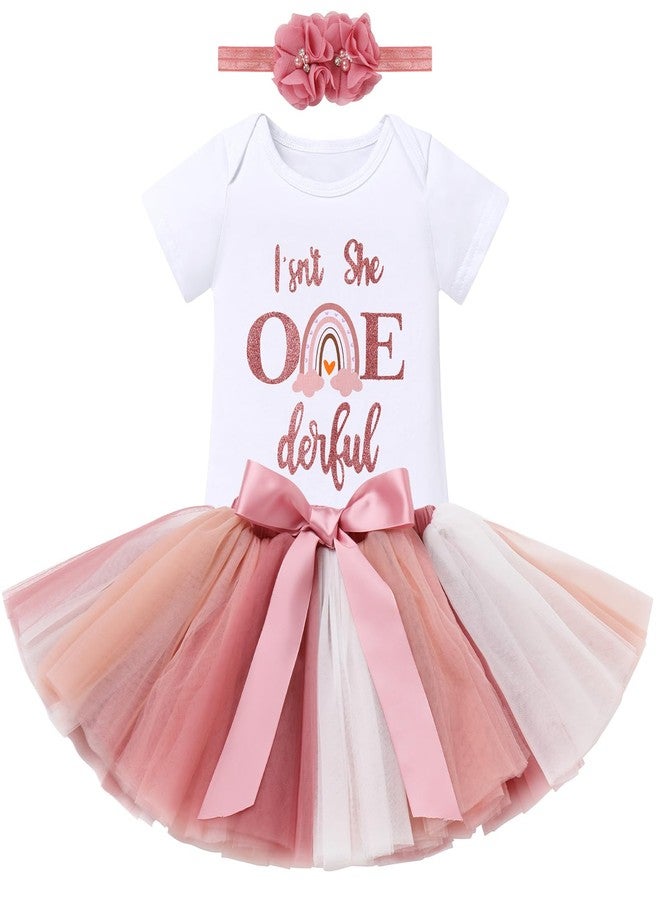 ODASDO Isn't She One Derful Baby Girls First Birthday Outfit Boho Rainbow My 1st Birthday One Year Old Party Cake Smash Photo Shooting Short Sleeve Romper Princess Tutu Tulle Skirt Headband Set Dusty Pink 1T - Image 1