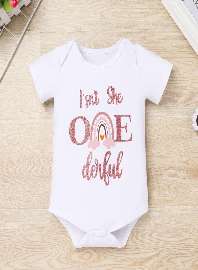ODASDO Isn't She One Derful Baby Girls First Birthday Outfit Boho Rainbow My 1st Birthday One Year Old Party Cake Smash Photo Shooting Short Sleeve Romper Princess Tutu Tulle Skirt Headband Set Dusty Pink 1T - Image 3