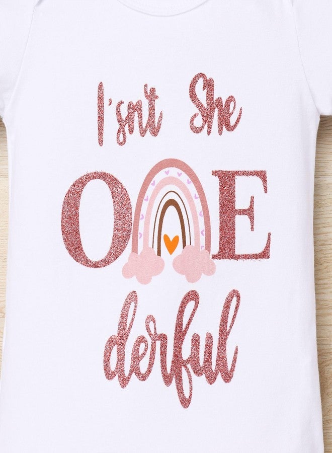 ODASDO Isn't She One Derful Baby Girls First Birthday Outfit Boho Rainbow My 1st Birthday One Year Old Party Cake Smash Photo Shooting Short Sleeve Romper Princess Tutu Tulle Skirt Headband Set Dusty Pink 1T - Image 4