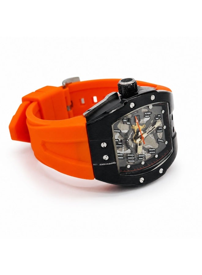INSUCH Edge IN1032 Men’s Analog Quartz Watch Neon Orange Silicone Strap Skeleton Dial Black Tonneau Case Date Display - Image 4