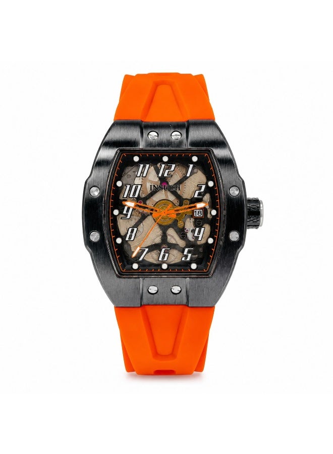 INSUCH Edge IN1032 Men’s Analog Quartz Watch Neon Orange Silicone Strap Skeleton Dial Black Tonneau Case Date Display - Image 1