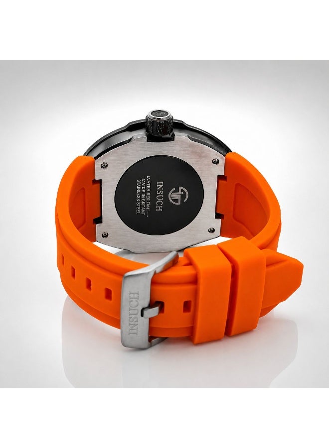 INSUCH Edge IN1032 Men’s Analog Quartz Watch Neon Orange Silicone Strap Skeleton Dial Black Tonneau Case Date Display - Image 2