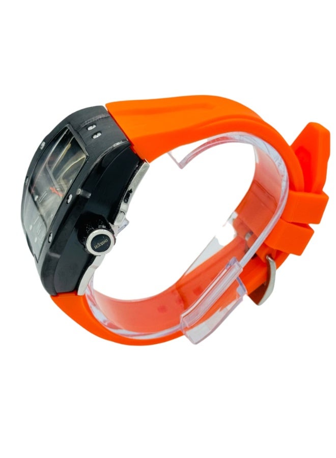 INSUCH Edge IN1032 Men’s Analog Quartz Watch Neon Orange Silicone Strap Skeleton Dial Black Tonneau Case Date Display - Image 5