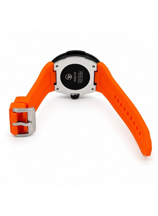 INSUCH Edge IN1032 Men’s Analog Quartz Watch Neon Orange Silicone Strap Skeleton Dial Black Tonneau Case Date Display - Image 3