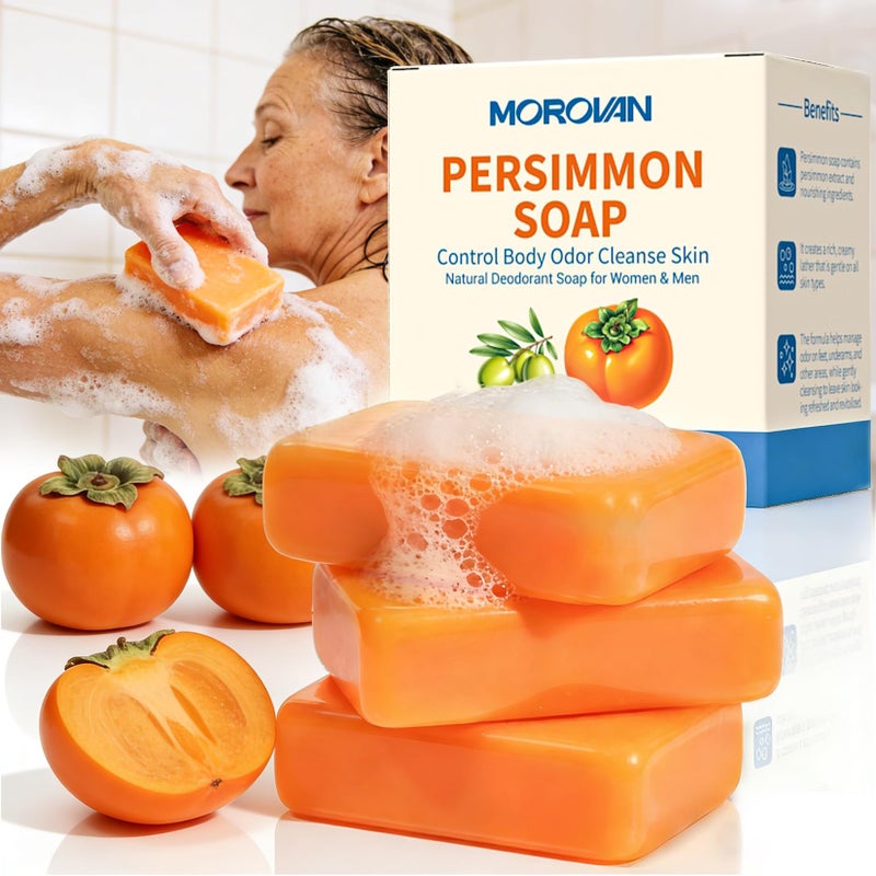 Morovan Persimmon Soap for Body Odor: 3 Bars Natural Persimmon Bar Soap for Old People Smell, Effective Odor Control for All Skin Types & Sensitive Skin - Image 1