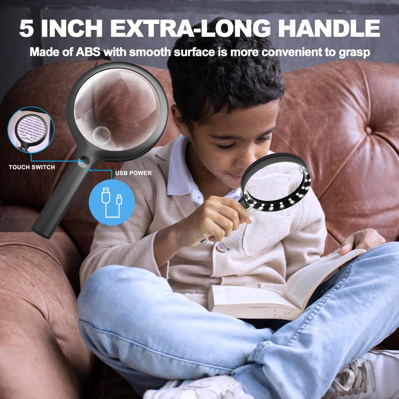 NUEYiO 30X 40X Charge Magnifier with Light, NUEYiO 4.33Inch Large Handheld Magnifying Glass with Light, 20 Daylight LEDs & Third Gear Dimming Lighted Magnifying Glass for Seniors Reading Jewelry -Black - Image 4