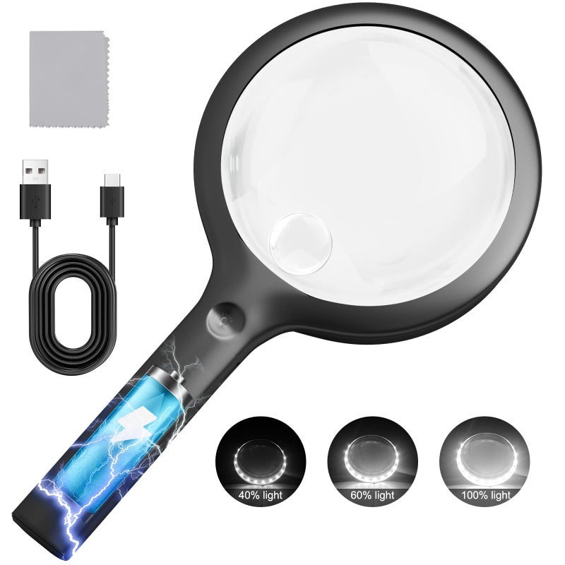 NUEYiO 30X 40X Charge Magnifier with Light, NUEYiO 4.33Inch Large Handheld Magnifying Glass with Light, 20 Daylight LEDs & Third Gear Dimming Lighted Magnifying Glass for Seniors Reading Jewelry -Black - Image 1