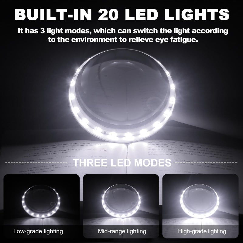 NUEYiO 30X 40X Charge Magnifier with Light, NUEYiO 4.33Inch Large Handheld Magnifying Glass with Light, 20 Daylight LEDs & Third Gear Dimming Lighted Magnifying Glass for Seniors Reading Jewelry -Black - Image 3