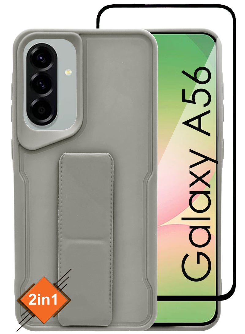 For Samsung Galaxy A56 - Hard Silicone Magnetic Back Stand Case  With Foldable Kickstand & Finger Strap + Tempered Glass Screen Protector   - Grey - Image 1