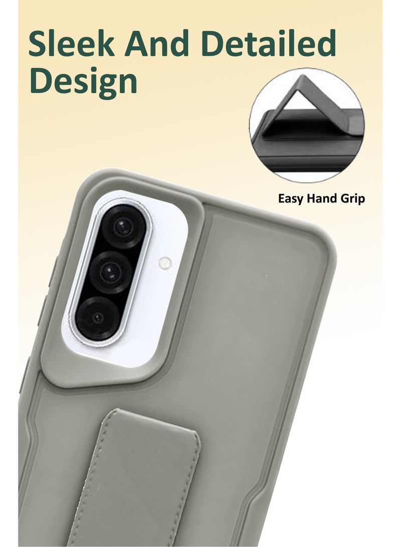 For Samsung Galaxy A56 - Hard Silicone Magnetic Back Stand Case  With Foldable Kickstand & Finger Strap + Tempered Glass Screen Protector   - Grey - Image 4