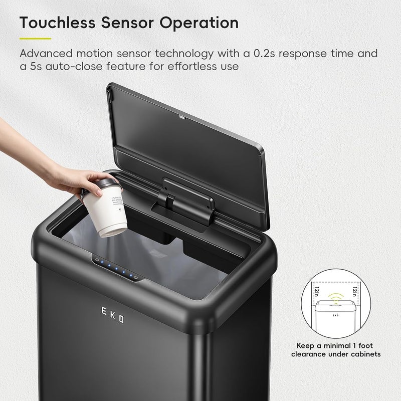 EKO Vintage 50L Trash Can with Sensor, Double Compartment 32L + 18L, Non-Contact Automatic Waste and Recycling Bin Stainless Steel for Kitchen, Home or Office, Black - Image 4