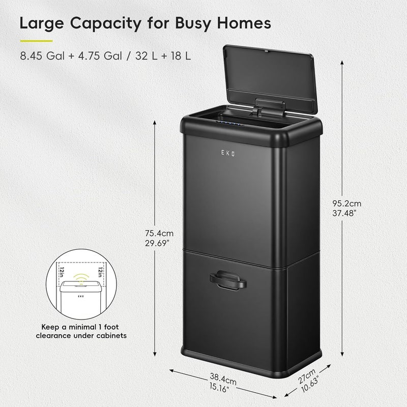 EKO Vintage 50L Trash Can with Sensor, Double Compartment 32L + 18L, Non-Contact Automatic Waste and Recycling Bin Stainless Steel for Kitchen, Home or Office, Black - Image 2
