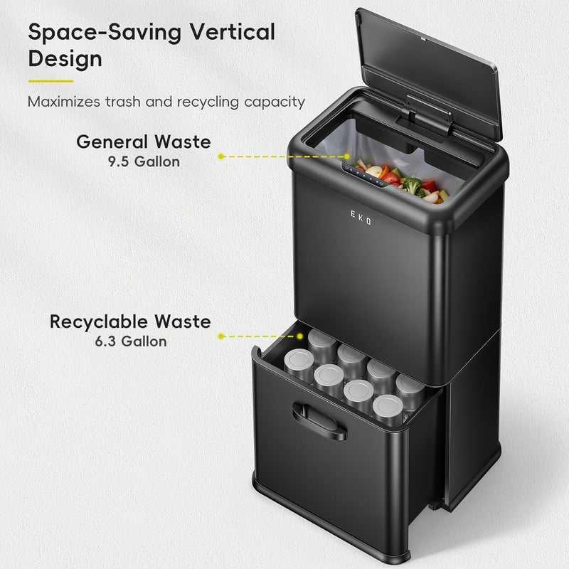 EKO Vintage 50L Trash Can with Sensor, Double Compartment 32L + 18L, Non-Contact Automatic Waste and Recycling Bin Stainless Steel for Kitchen, Home or Office, Black - Image 5