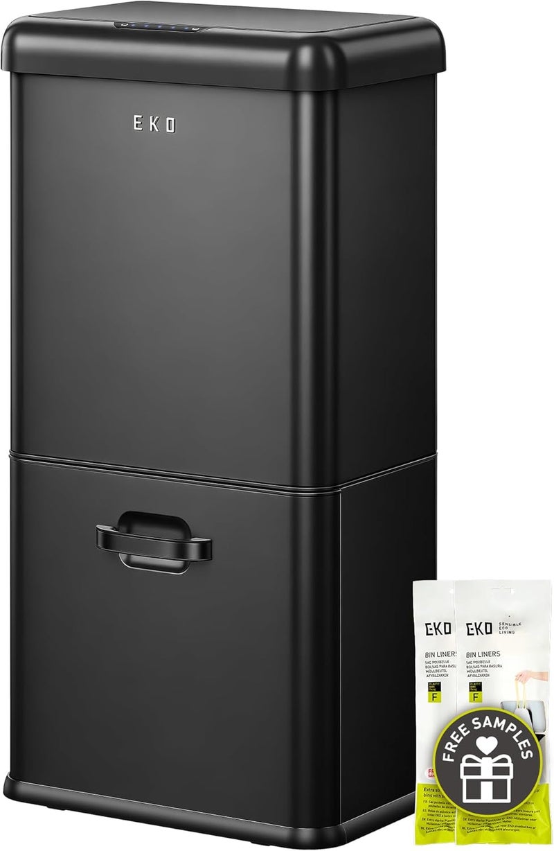 EKO Vintage 50L Trash Can with Sensor, Double Compartment 32L + 18L, Non-Contact Automatic Waste and Recycling Bin Stainless Steel for Kitchen, Home or Office, Black - Image 1