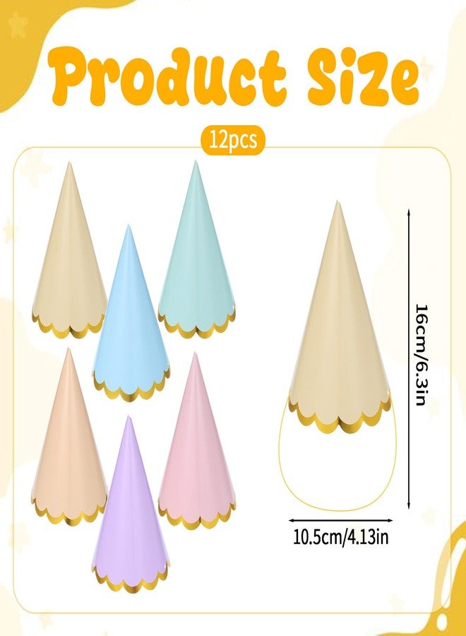 Aysatogc 12PCS Pastel Party Hats, Colorful Cone Birthday Hats Gold-Stamped Kids Party Hat with Elastic Cords Party Headwear for Birthday Baby Shower Bridal Celebration Wedding Party's Supplies - Image 2