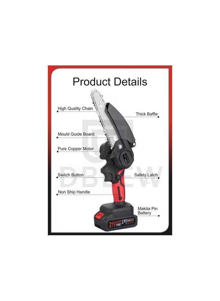 Generic One Hand Electric Mini Chainsaw Cordless 6 Inch Small Chain Saw With 21V Rechargeable Battery Portable Cutting Tool For Tree Branch Trimming Wood Gardening  - Image 3