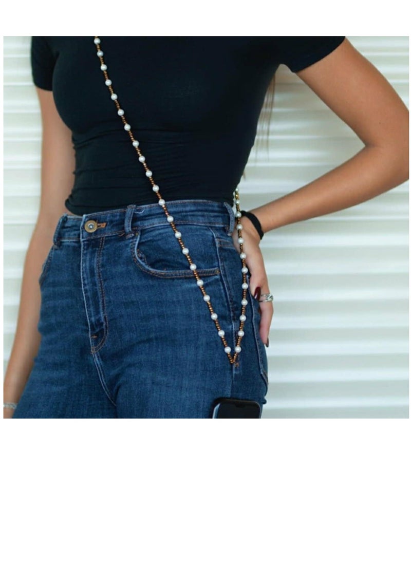 RA accessories - Mobile Phone Strap Of Off White Pearls With Brown Beads - Image 1