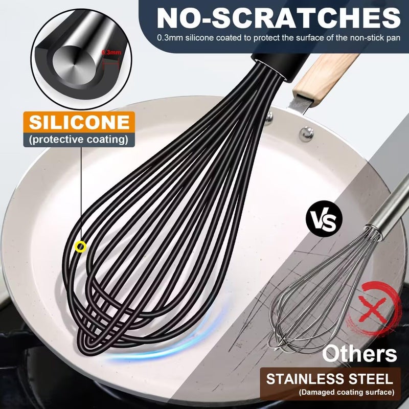 Eddeas Silicone Whisk,Non Scratch Whisk for Cooking, 5+7+9+11in Balloon Whisks, Suitable for Mixing, Blending Whipping.11in Flat Whisks great for Ceramic Coated pans and Wider shallower pots. - Image 2