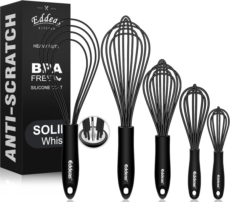 Eddeas Silicone Whisk,Non Scratch Whisk for Cooking, 5+7+9+11in Balloon Whisks, Suitable for Mixing, Blending Whipping.11in Flat Whisks great for Ceramic Coated pans and Wider shallower pots. - Image 1