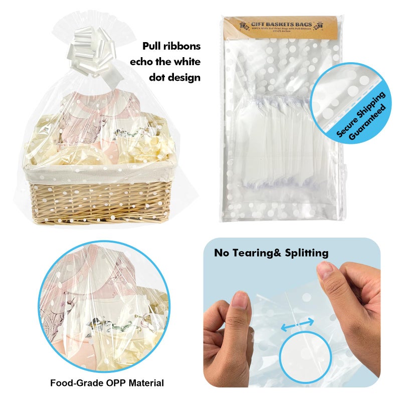 EKAPACKAGING 22x25 Inches 10 Pcs Large Cellophane Bags for Gift Baskets, Plastic Gift Basket Wrapping with Pull Ribbons, Clear Cellophane Gift Bags for Party, Motherâ€™s Day, Baby Showers, Christmas - Image 3