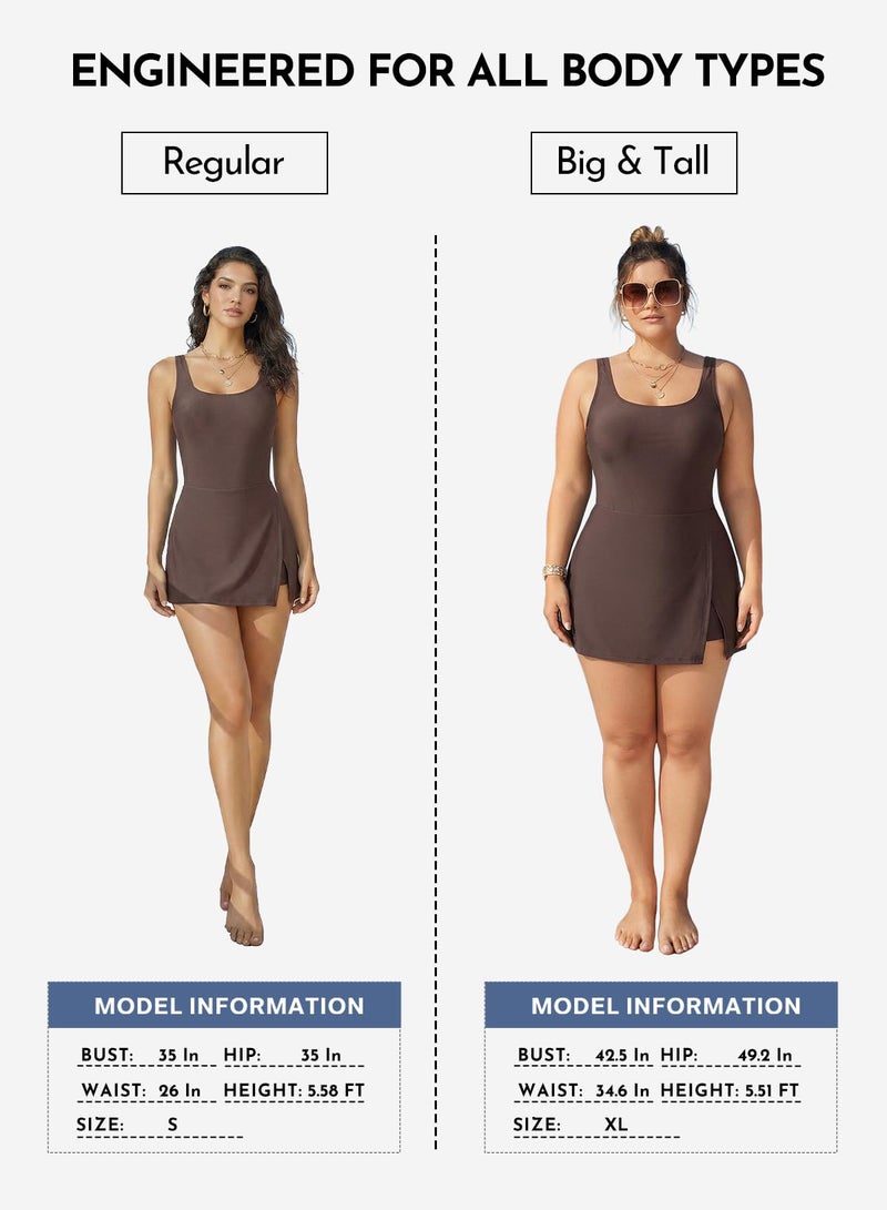 Aleumdr One Piece Swimdress for Women Tummy Control Swimsuit Split Swim Dress with Shorts Skirt Bathing Suit Dark Brown Medium - Image 5