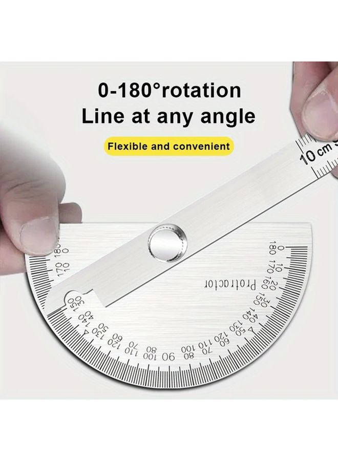Semicircle 3 94inch Heavy Duty Stainless Steel 180 Degree Angle Meter Protractor With 360 Rotating Scale And Precision Vernier Scale For Woodworking Architecture Engineering Carpentry Durable Metal Construction Angle Measuring Tool With CM Inch Ft Deg Scales And Ergonomic Design - Image 4