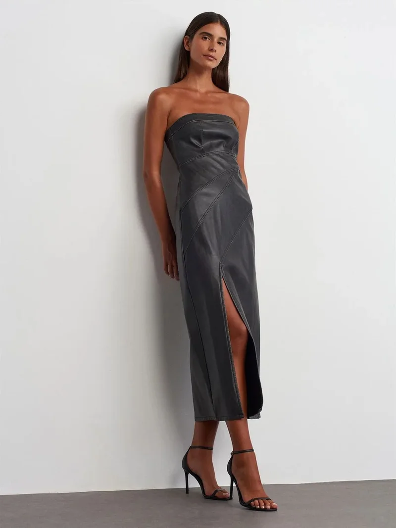 Dilvin DILVIN Strapless Bodycon Midi Dress With Slit