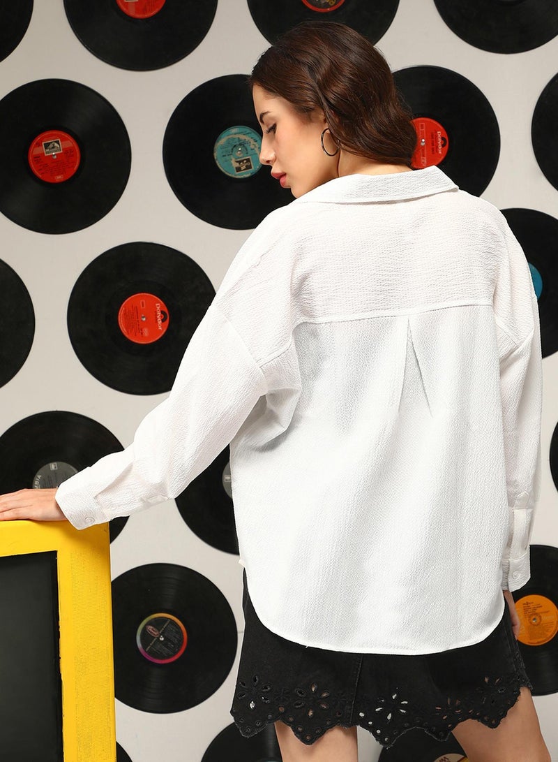 Campus Sutra Women's Daisy White Wrinkled Oversized Shirt - Image 5
