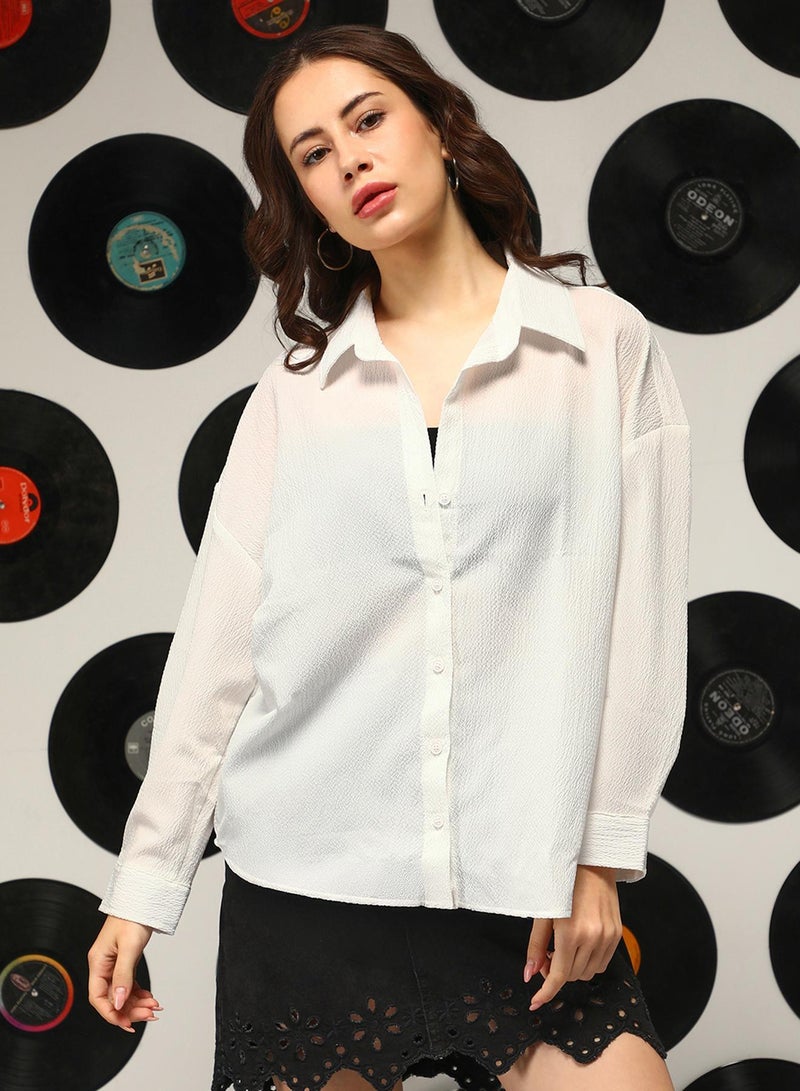 Campus Sutra Women's Daisy White Wrinkled Oversized Shirt - Image 2
