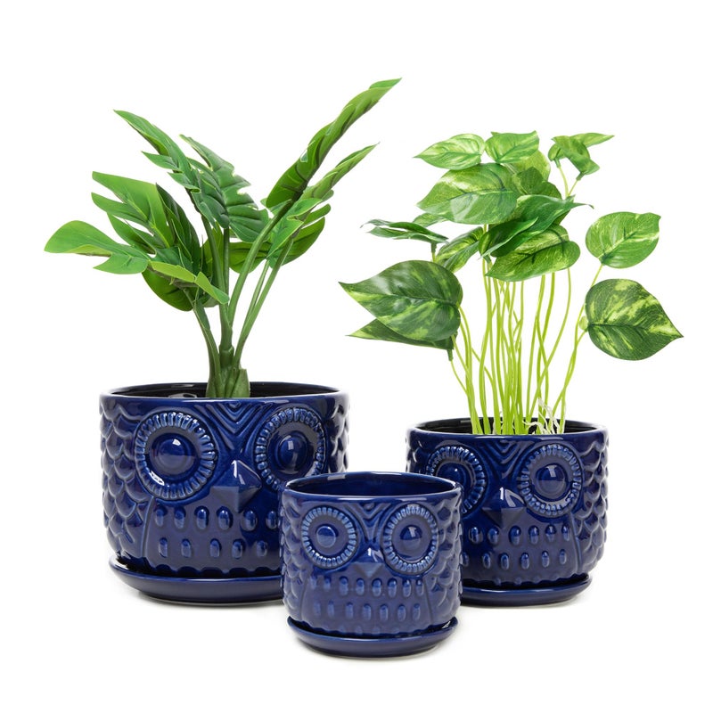 Nattol Ceramic Flower Pots Ceramic Planters with Drainage Hole and Saucer Modern Round Indoor Succulent Planters with Owl Design Small to MediumSized Set of 3 Navy Blue