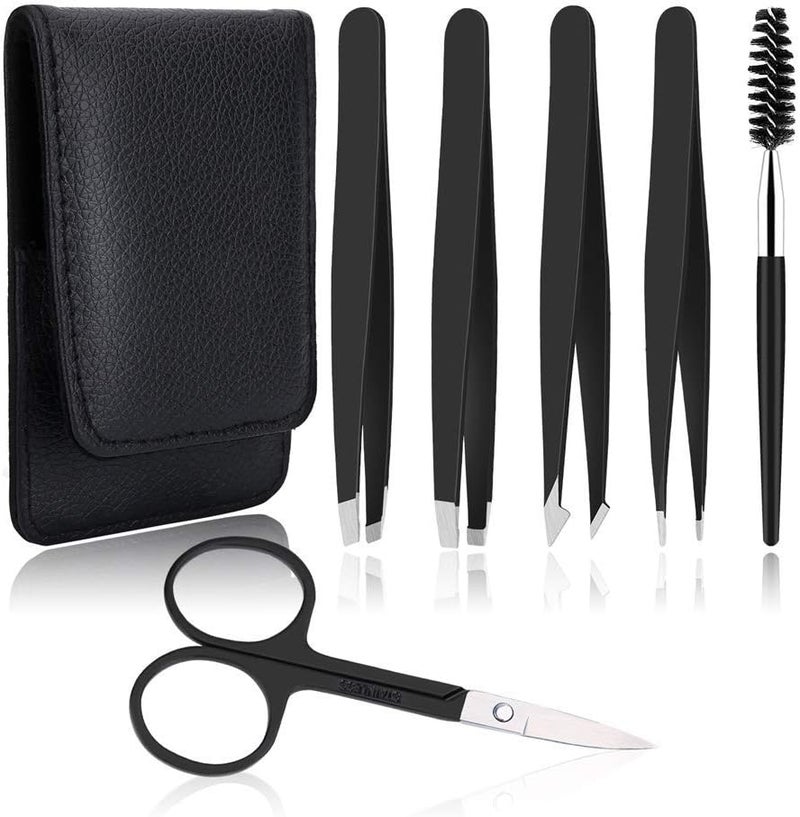 UUBAAR 6 PCS Professional Tweezers Set - Stainless Steel Precision Tweezer Kit for Eyebrows, Facial Hair, Ingrown Hair & Splinter Removal with Travel Case (Black) - Image 1