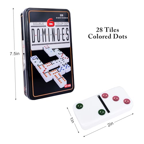 Offelec Double Six Dominoes Set for Adults, Classic Domino Game with Tin Box - 28 Tiles Colored Dots Double 6 Dominos, Travel, Party, Night Family Board Games for 2-4 Players - Image 2