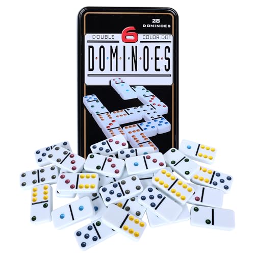 Offelec Double Six Dominoes Set for Adults, Classic Domino Game with Tin Box - 28 Tiles Colored Dots Double 6 Dominos, Travel, Party, Night Family Board Games for 2-4 Players - Image 1