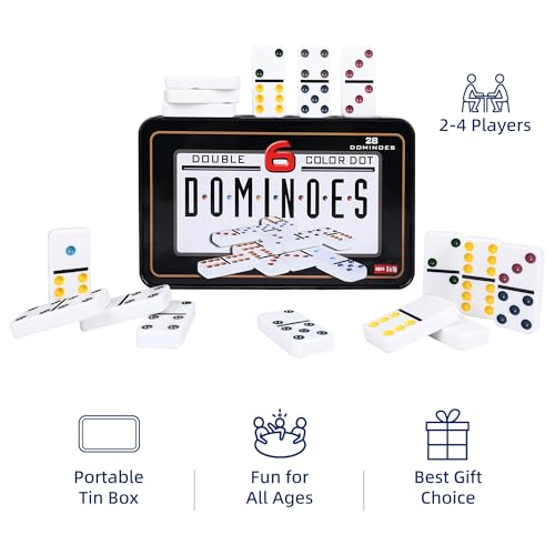 Offelec Double Six Dominoes Set for Adults, Classic Domino Game with Tin Box - 28 Tiles Colored Dots Double 6 Dominos, Travel, Party, Night Family Board Games for 2-4 Players - Image 4