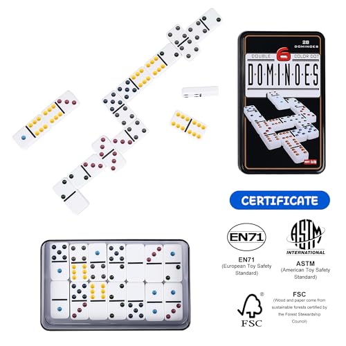 Offelec Double Six Dominoes Set for Adults, Classic Domino Game with Tin Box - 28 Tiles Colored Dots Double 6 Dominos, Travel, Party, Night Family Board Games for 2-4 Players - Image 3